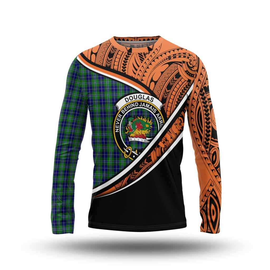 Tartan Vibes Clothing Douglas Crest Tartan Long Sleeve T-Shirt with Maori Tattoo Style - Orange Version