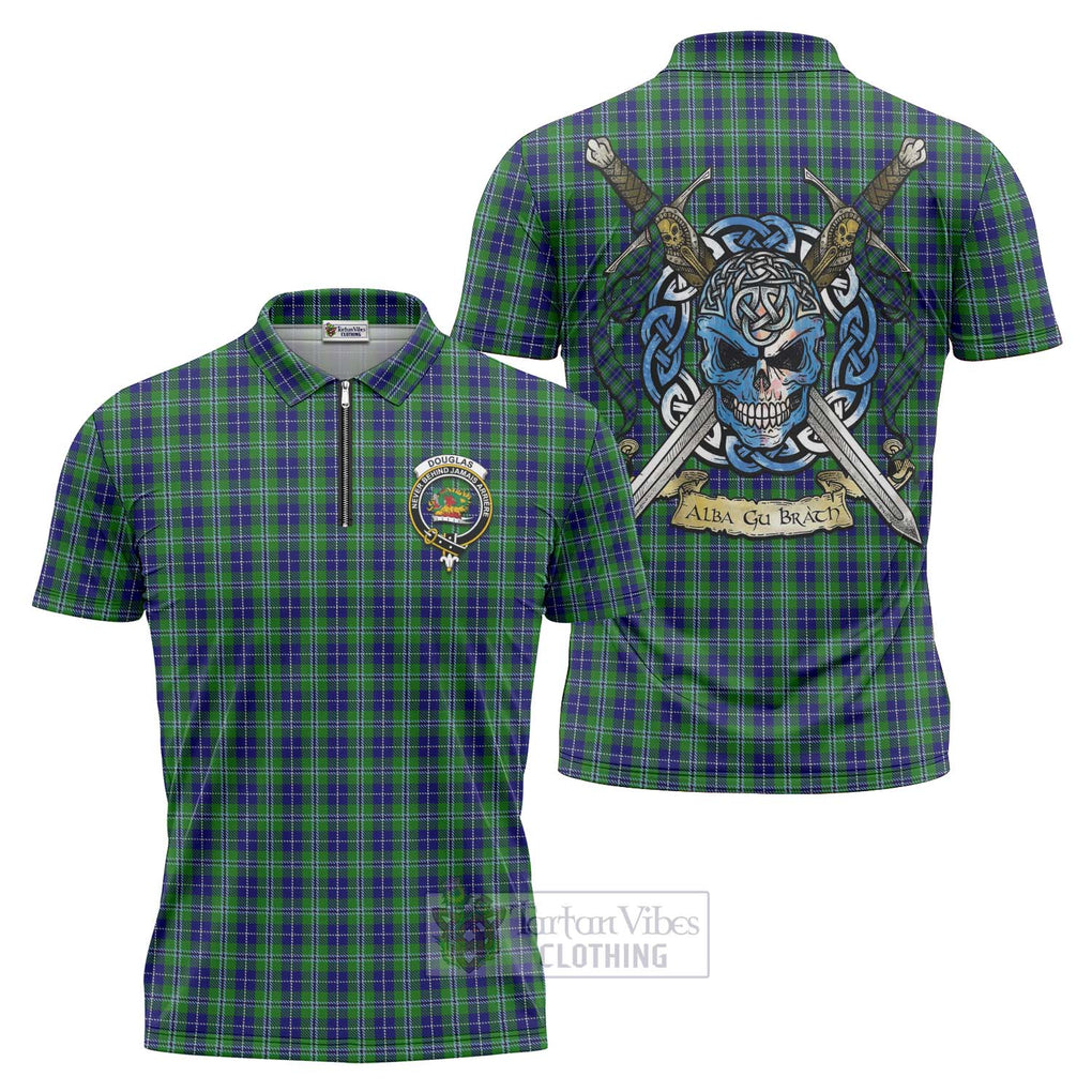 Tartan Vibes Clothing Douglas Tartan Zipper Polo Shirt with Family Crest Celtic Skull Style