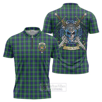 Douglas Tartan Zipper Polo Shirt with Family Crest Celtic Skull Style