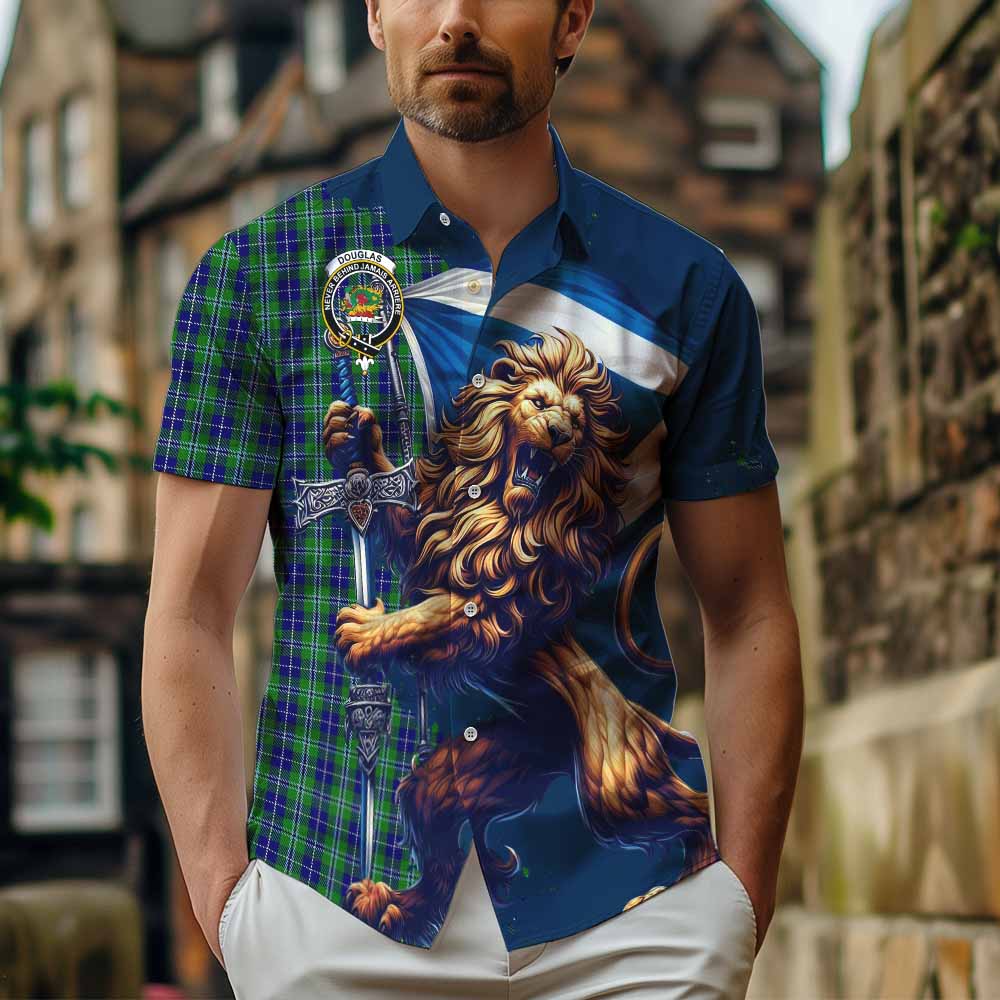 Tartan Vibes Clothing Douglas Tartan Family Crest Short Sleeve Button Shirt with Scottish Majestic Lion