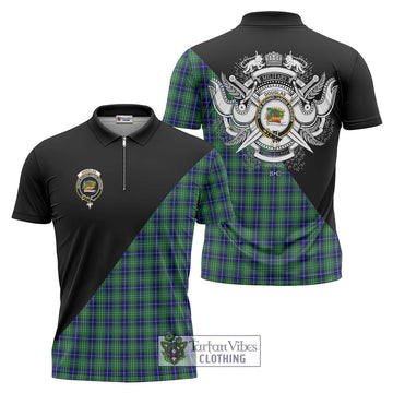 Douglas Tartan Zipper Polo Shirt with Family Crest and Military Logo Style