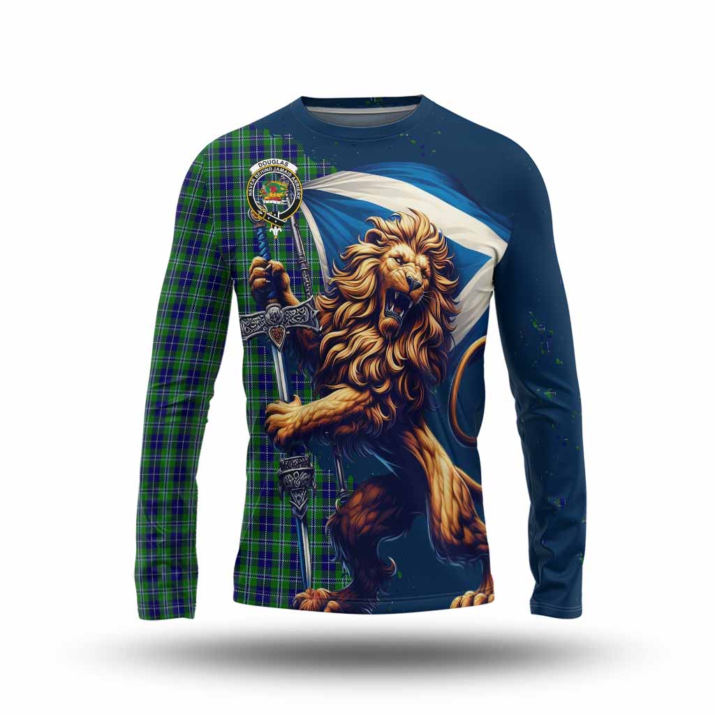 Tartan Vibes Clothing Douglas Tartan Family Crest Long Sleeve T-Shirt with Scottish Majestic Lion