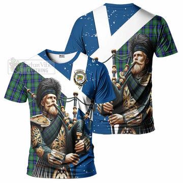 Douglas Tartan T-Shirt with Family Crest Scottish Bagpiper Vibes