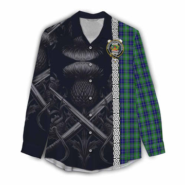 Douglas Tartan Women's Casual Shirt with Family Crest Cross Sword Thistle Celtic Vibes