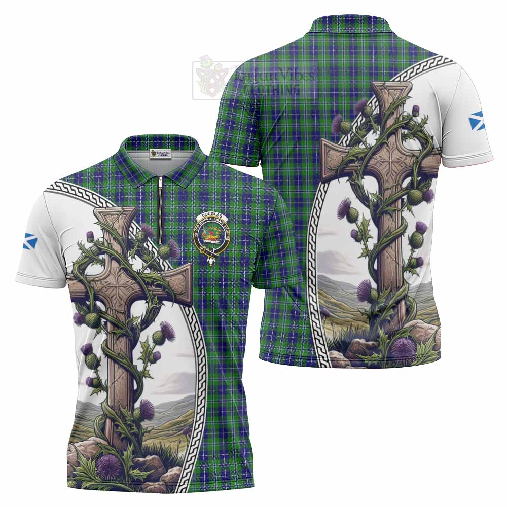 Tartan Vibes Clothing Douglas Tartan Zipper Polo Shirt with Family Crest and St. Andrew's Cross Accented by Thistle Vines