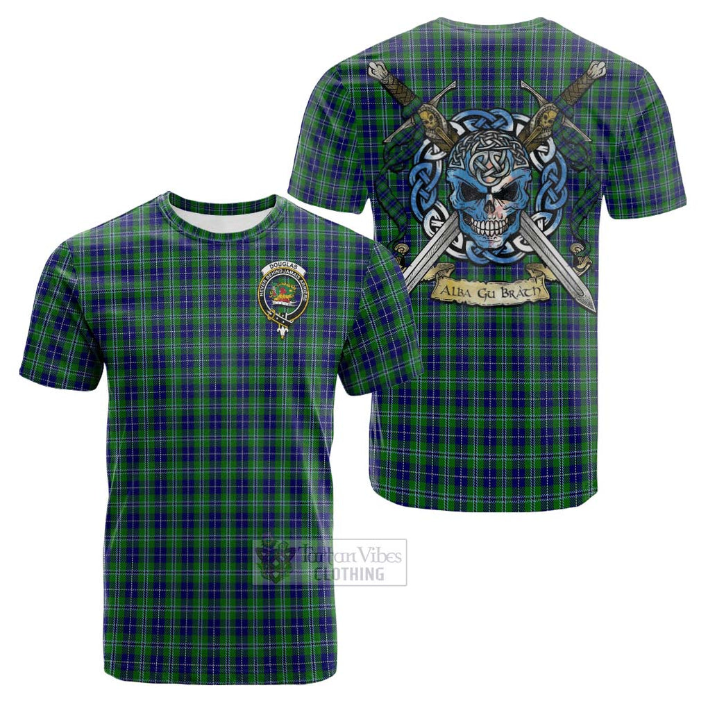 Tartan Vibes Clothing Douglas Tartan Cotton T-shirt with Family Crest Celtic Skull Style