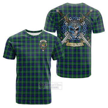 Douglas Tartan Cotton T-shirt with Family Crest Celtic Skull Style