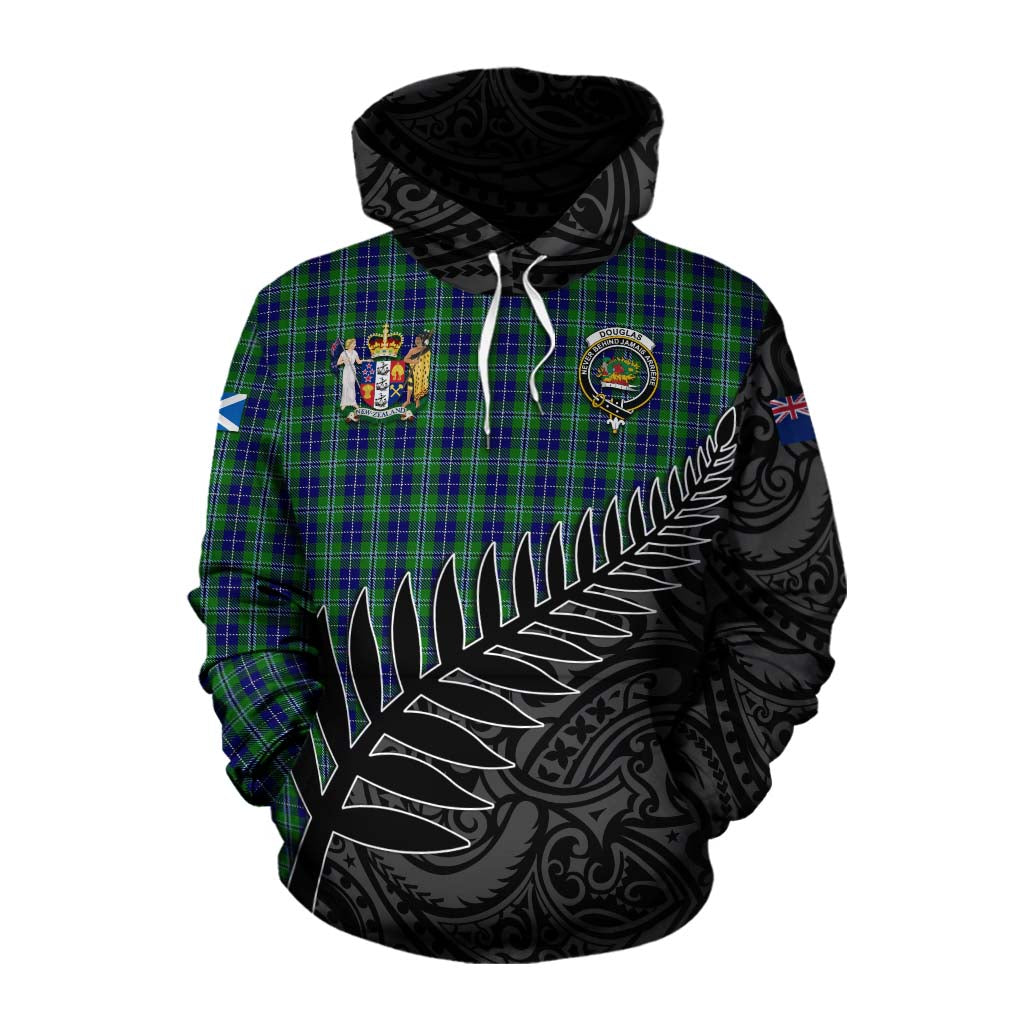 Tartan Vibes Clothing Douglas Crest Tartan Cotton Hoodie with New Zealand Silver Fern Half Style