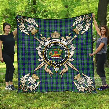 Douglas Tartan Quilt with Family Crest and Scottish Golden Courage Shield