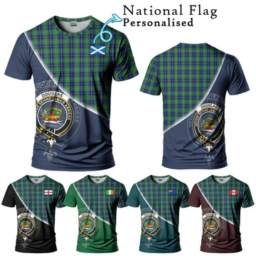 Douglas Tartan T-Shirt with Personalised National Flag and Family Crest Half Style