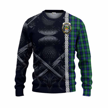 Douglas Tartan Knitted Sweater with Family Crest Cross Sword Thistle Celtic Vibes