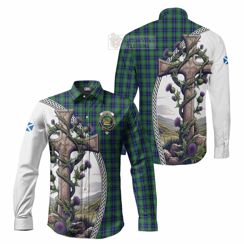 Tartan Vibes Clothing Douglas Tartan Long Sleeve Button Shirt with Family Crest and St. Andrew's Cross Accented by Thistle Vines