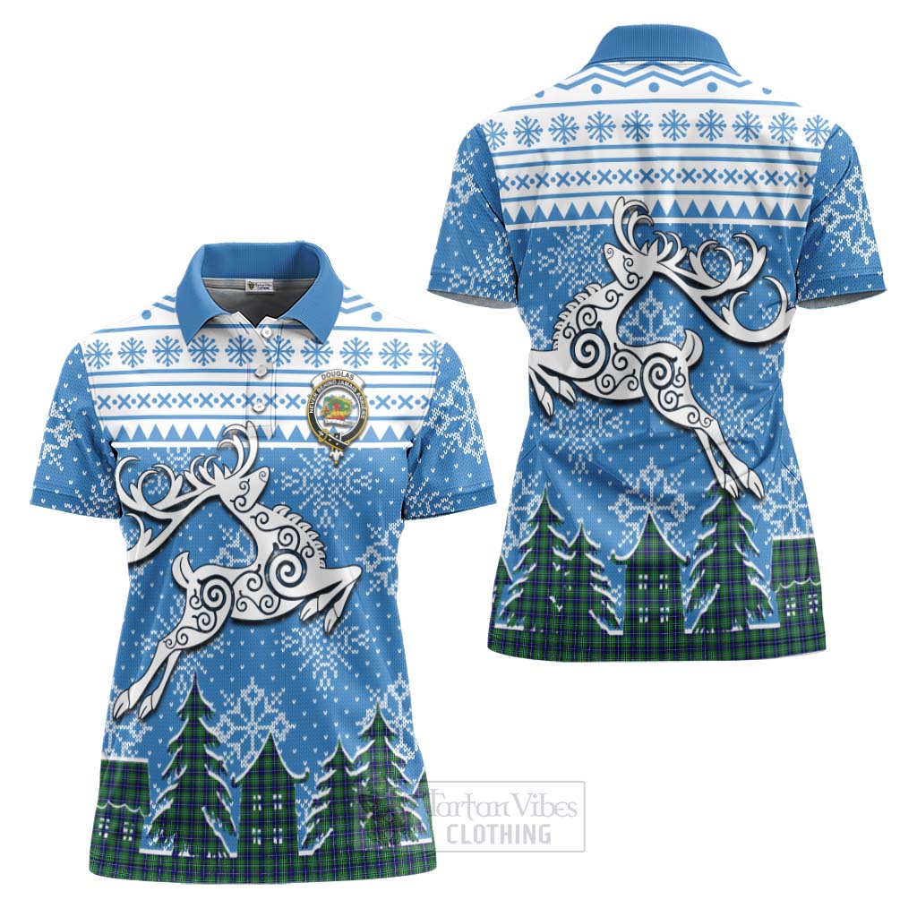 Tartan Vibes Clothing Douglas Clan Christmas Women's Polo Shirt Celtic Reindeer Style