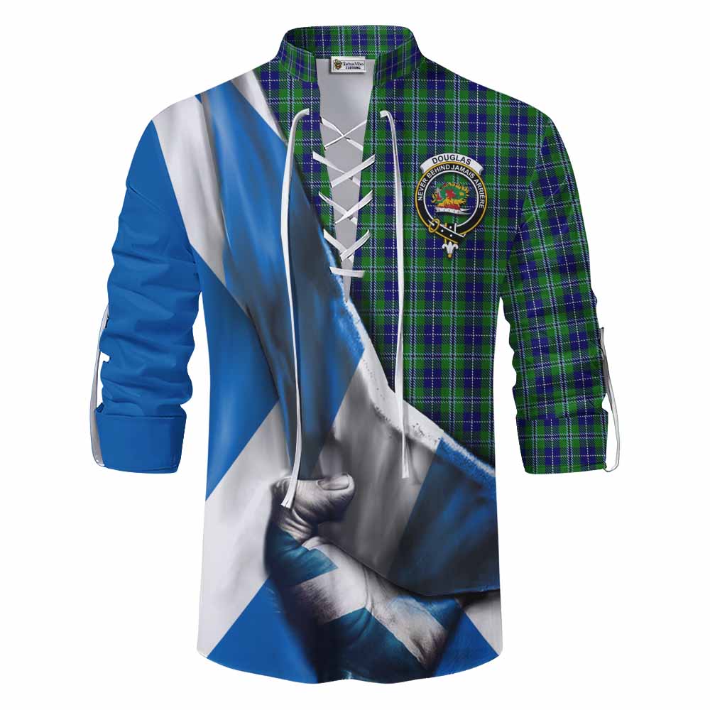 Tartan Vibes Clothing Douglas Tartan Ghillie Kilt Shirt with Family Crest Scotland Patriotic Style