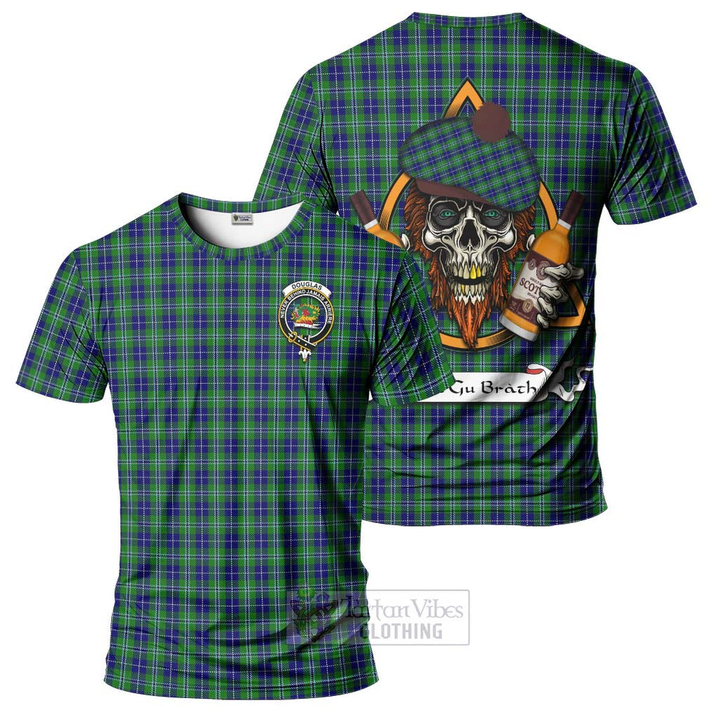 Tartan Vibes Clothing Douglas Tartan T-Shirt with Family Crest and Bearded Skull Holding Bottles of Whiskey