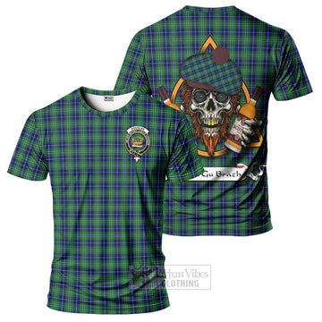 Douglas Tartan T-Shirt with Family Crest and Bearded Skull Holding Bottles of Whiskey