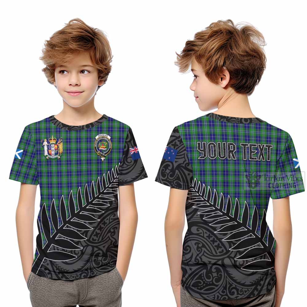 Tartan Vibes Clothing Douglas Crest Tartan Kid T-Shirt with New Zealand Silver Fern Half Style