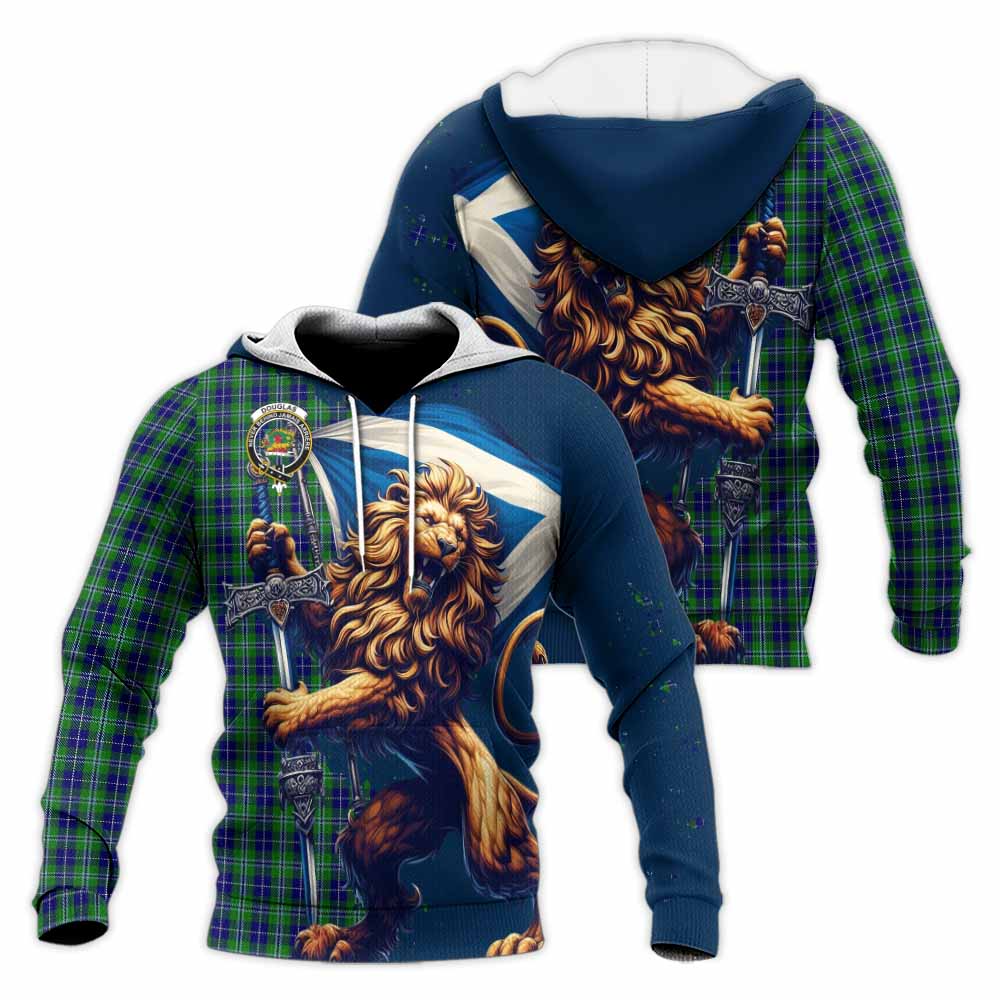 Tartan Vibes Clothing Douglas Tartan Family Crest Knitted Hoodie with Scottish Majestic Lion