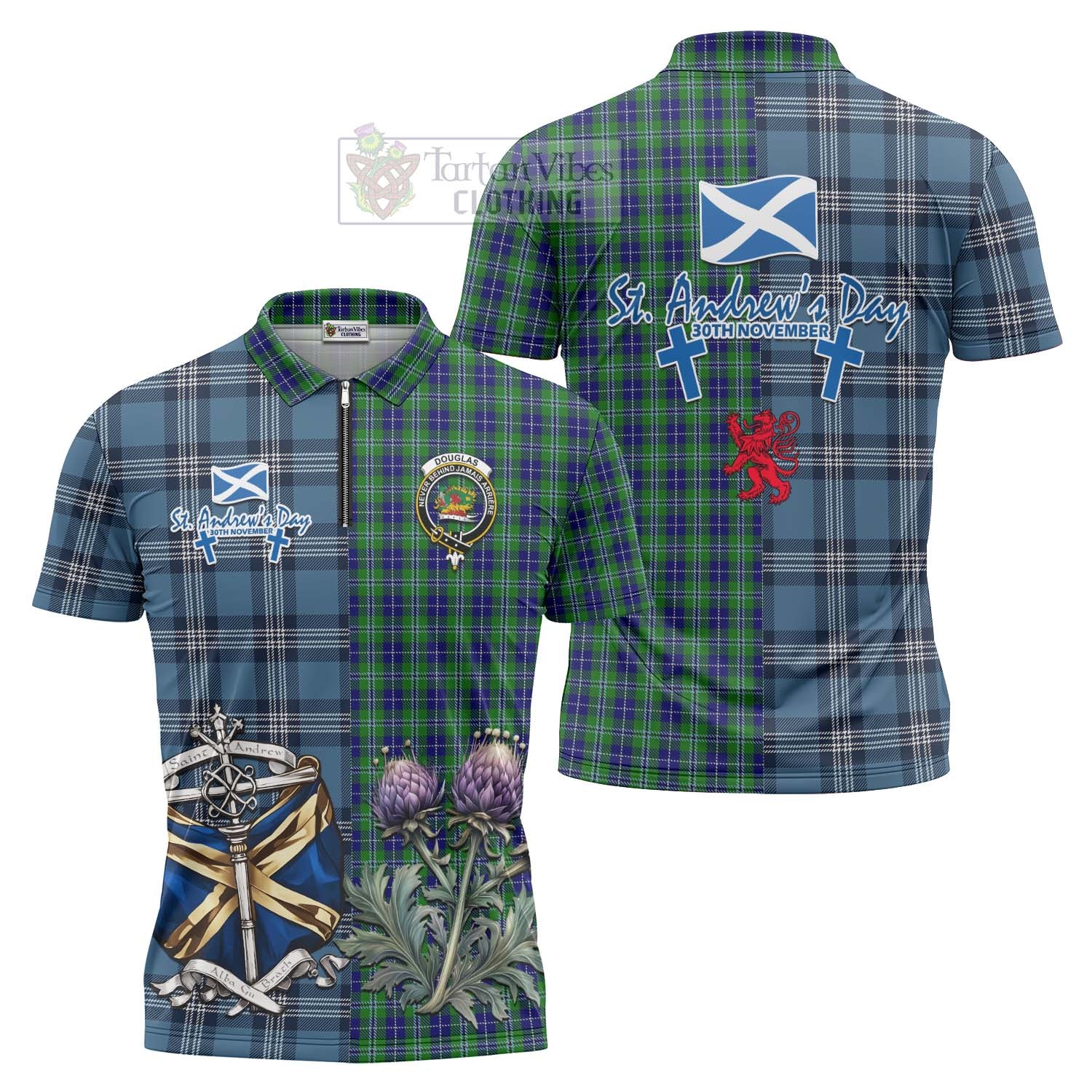 Tartan Vibes Clothing Douglas Tartan Zipper Polo Shirt Happy St. Andrew's Day Half Tartan Style