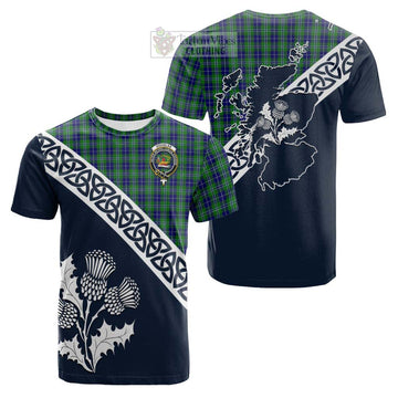 Douglas Tartan Cotton T-shirt Featuring Thistle and Scotland Map