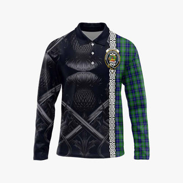 Douglas Tartan Long Sleeve Polo Shirt with Family Crest Cross Sword Thistle Celtic Vibes