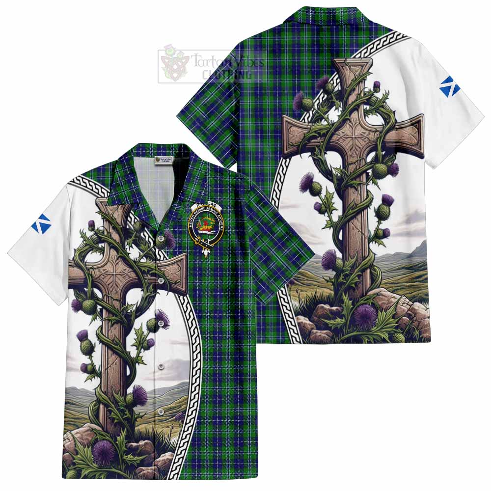 Tartan Vibes Clothing Douglas Tartan Short Sleeve Button Shirt with Family Crest and St. Andrew's Cross Accented by Thistle Vines