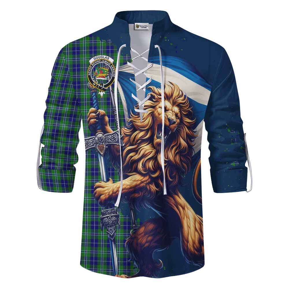 Tartan Vibes Clothing Douglas Tartan Family Crest Ghillie Kilt Shirt with Scottish Majestic Lion