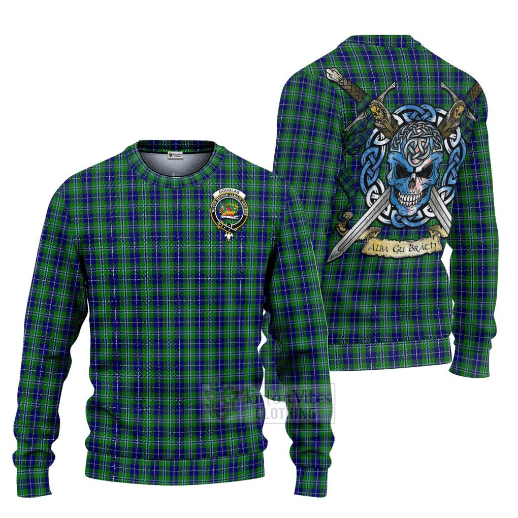 Tartan Vibes Clothing Douglas Tartan Knitted Sweater with Family Crest Celtic Skull Style