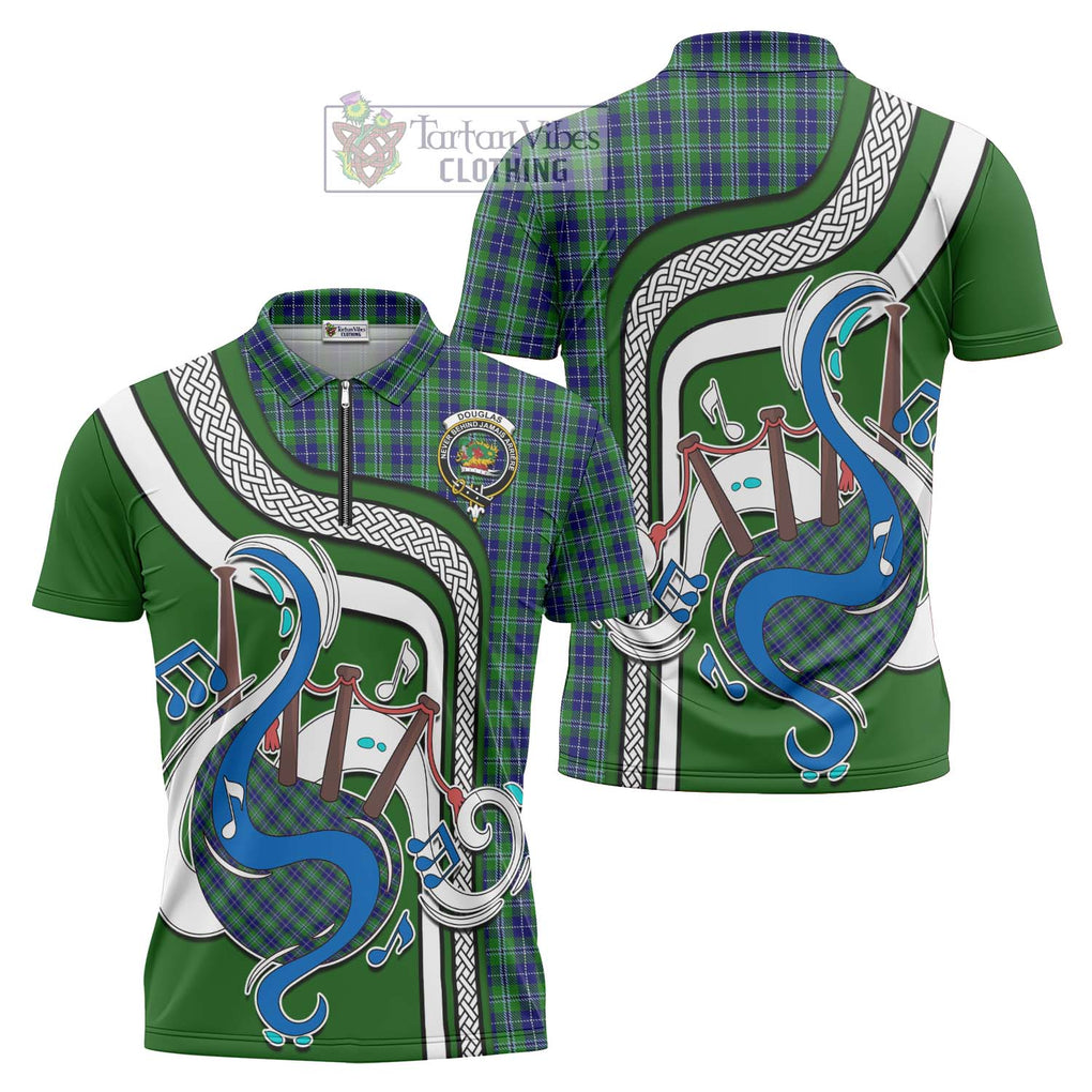 Douglas Tartan Zipper Polo Shirt with Epic Bagpipe Style Unisex - Tartanvibesclothing Shop