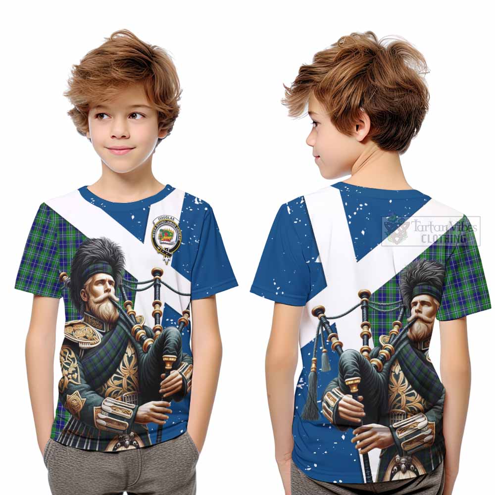 Tartan Vibes Clothing Douglas Tartan Kid T-Shirt with Family Crest Scottish Bagpiper Vibes