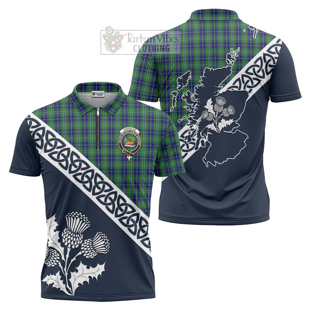 Tartan Vibes Clothing Douglas Tartan Zipper Polo Shirt Featuring Thistle and Scotland Map