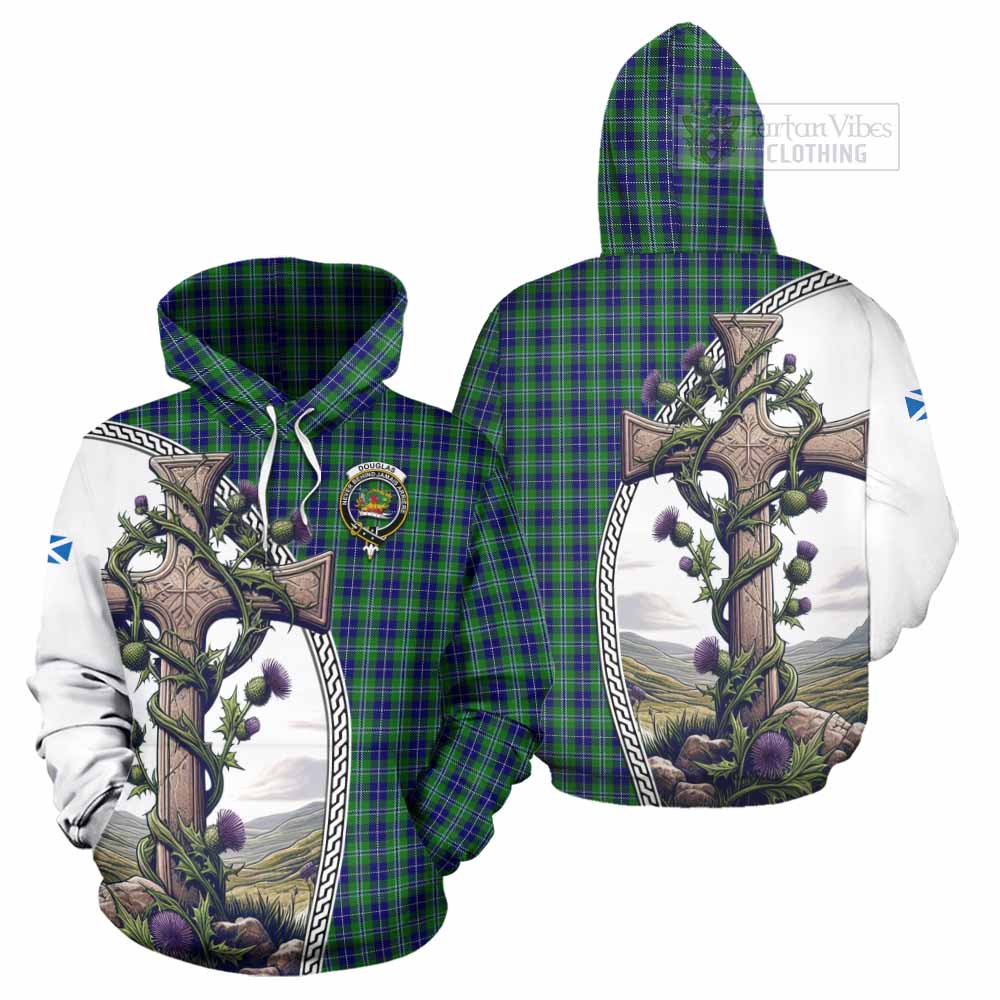 Tartan Vibes Clothing Douglas Tartan Hoodie with Family Crest and St. Andrew's Cross Accented by Thistle Vines