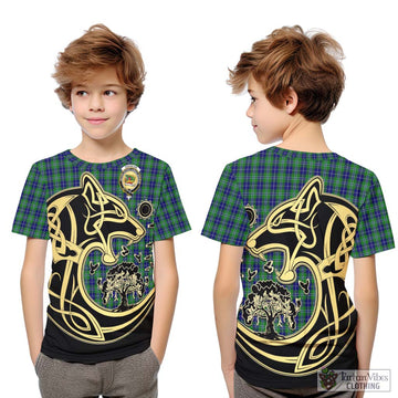 Douglas Tartan Kid T-Shirt with Family Crest Celtic Wolf Style