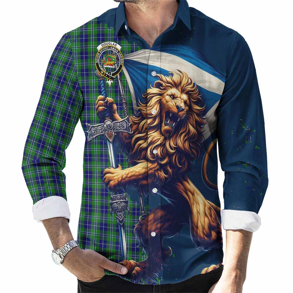 Tartan Vibes Clothing Douglas Tartan Family Crest Long Sleeve Button Shirt with Scottish Majestic Lion