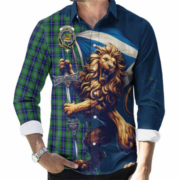 Douglas Tartan Family Crest Long Sleeve Button Shirt with Scottish Majestic Lion