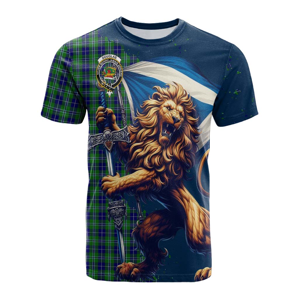 Tartan Vibes Clothing Douglas Tartan Family Crest Cotton T-shirt with Scottish Majestic Lion