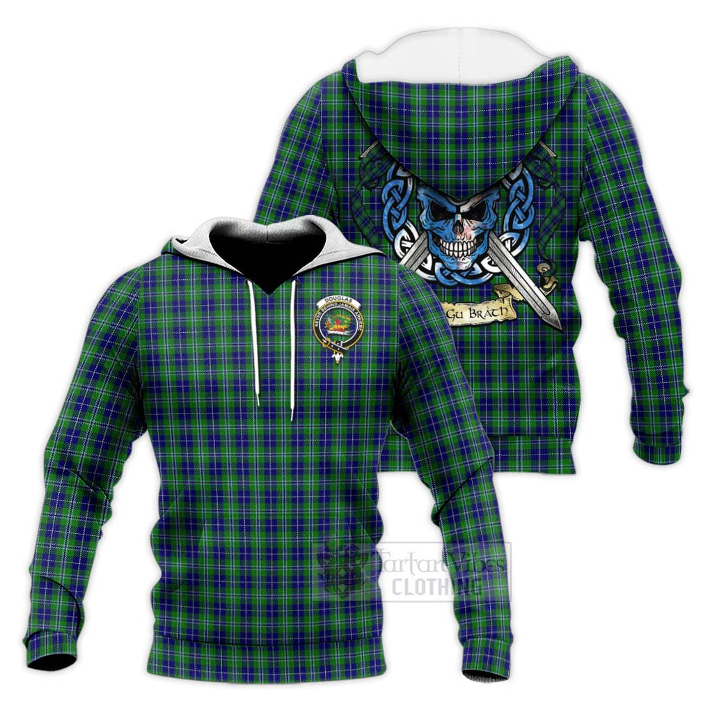 Tartan Vibes Clothing Douglas Tartan Knitted Hoodie with Family Crest Celtic Skull Style