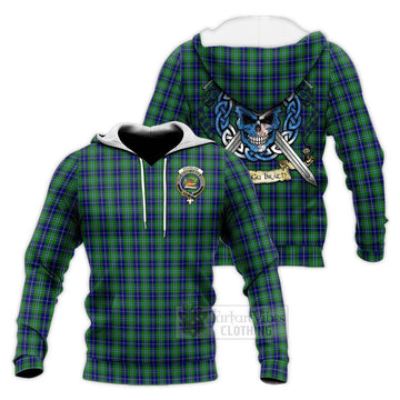 Douglas Tartan Knitted Hoodie with Family Crest Celtic Skull Style