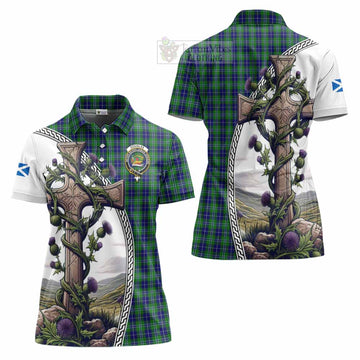 Douglas Tartan Women's Polo Shirt with Family Crest and St. Andrew's Cross Accented by Thistle Vines