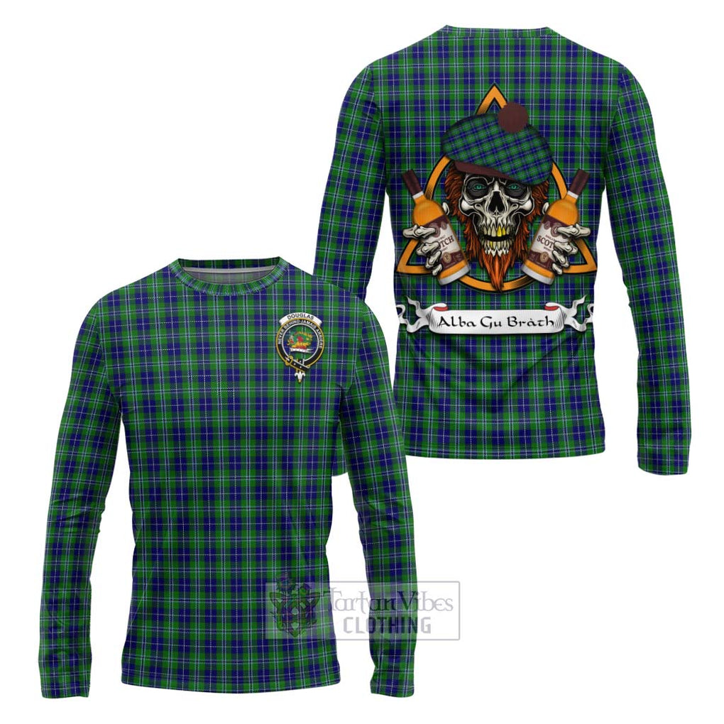 Tartan Vibes Clothing Douglas Tartan Long Sleeve T-Shirt with Family Crest and Bearded Skull Holding Bottles of Whiskey