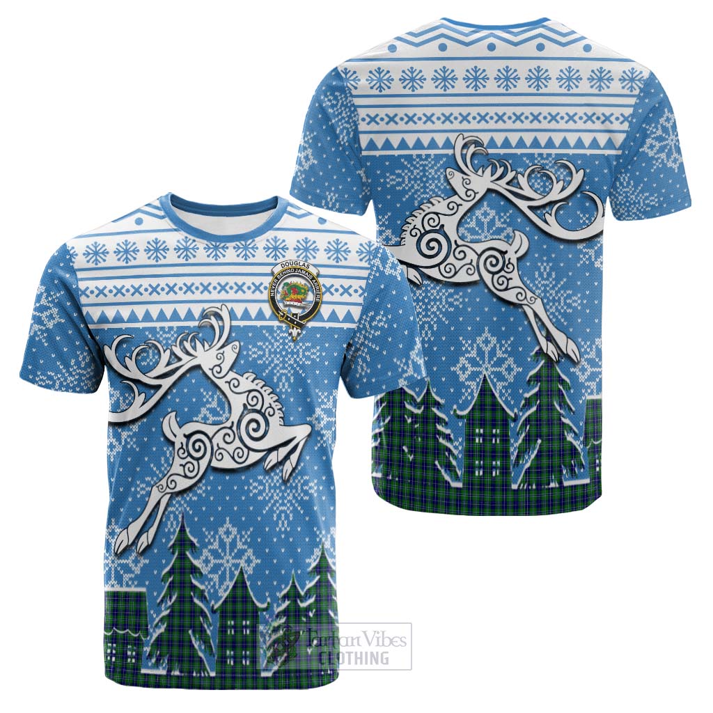 Tartan Vibes Clothing Douglas Clan Christmas Cotton T-shirt Celtic Reindeer Style