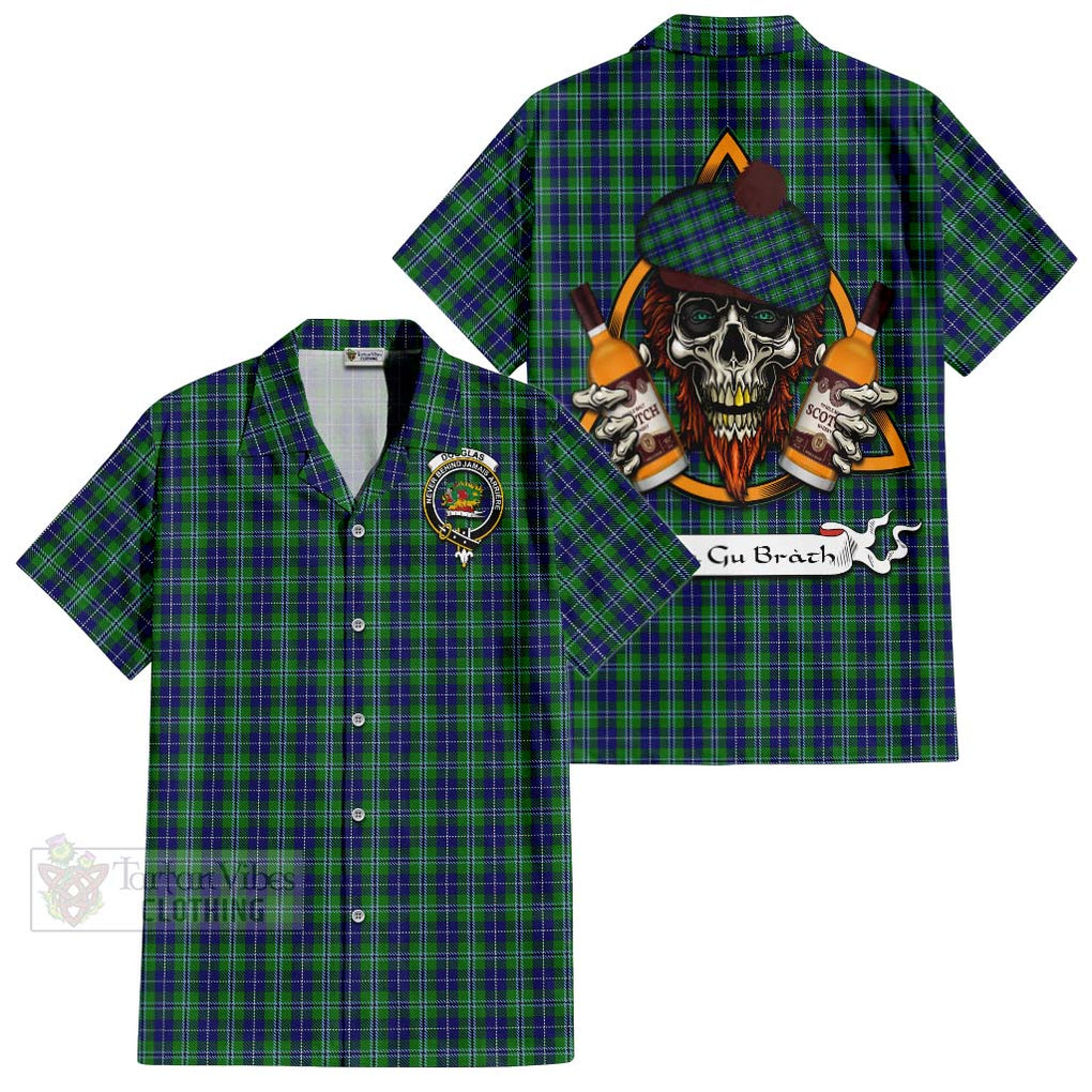 Tartan Vibes Clothing Douglas Tartan Short Sleeve Button Shirt with Family Crest and Bearded Skull Holding Bottles of Whiskey