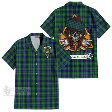 Douglas Tartan Short Sleeve Button Shirt with Family Crest and Bearded Skull Holding Bottles of Whiskey