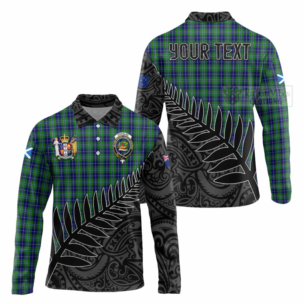 Tartan Vibes Clothing Douglas Crest Tartan Long Sleeve Polo Shirt with New Zealand Silver Fern Half Style