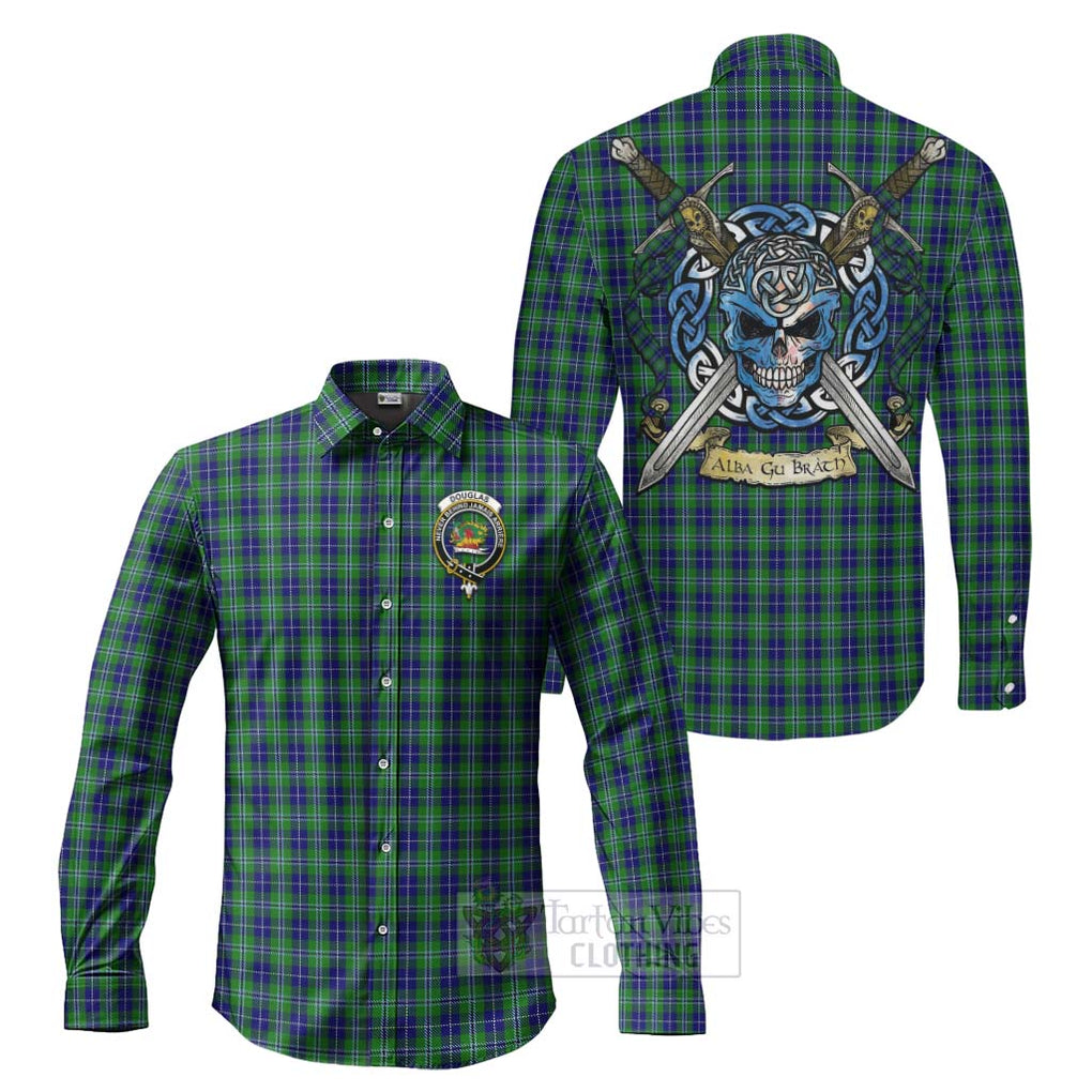 Tartan Vibes Clothing Douglas Tartan Long Sleeve Button Shirt with Family Crest Celtic Skull Style