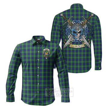 Douglas Tartan Long Sleeve Button Shirt with Family Crest Celtic Skull Style