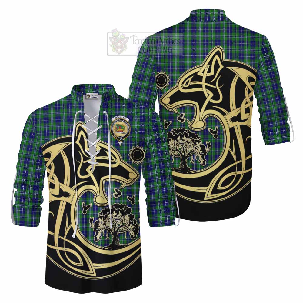 Tartan Vibes Clothing Douglas Tartan Ghillie Kilt Shirt with Family Crest Celtic Wolf Style