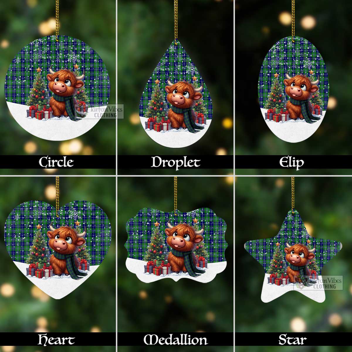 Tartan Vibes Clothing Douglas Tartan Christmas Aluminium Ornament with Adorable Highland Coo