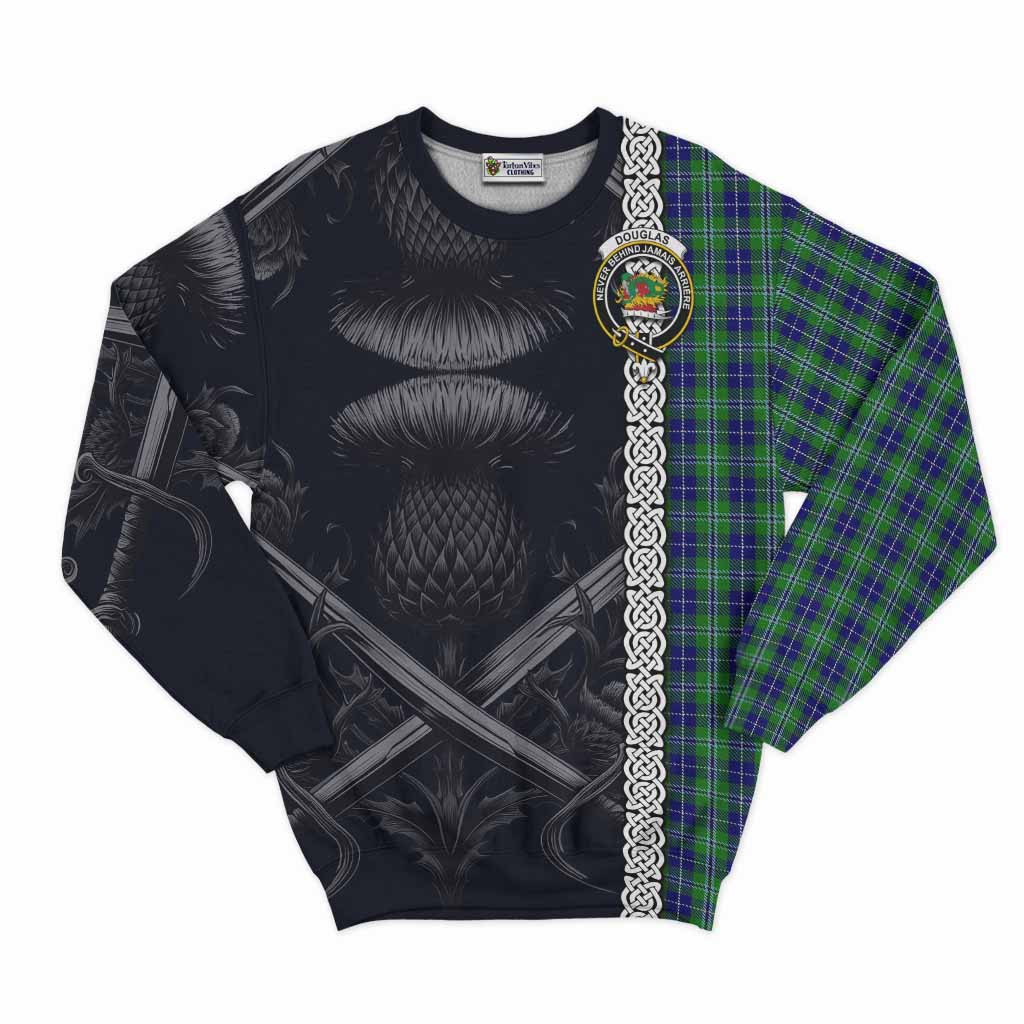 Tartan Vibes Clothing Douglas Tartan Sweatshirt with Family Crest Cross Sword Thistle Celtic Vibes