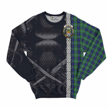 Douglas Tartan Sweatshirt with Family Crest Cross Sword Thistle Celtic Vibes